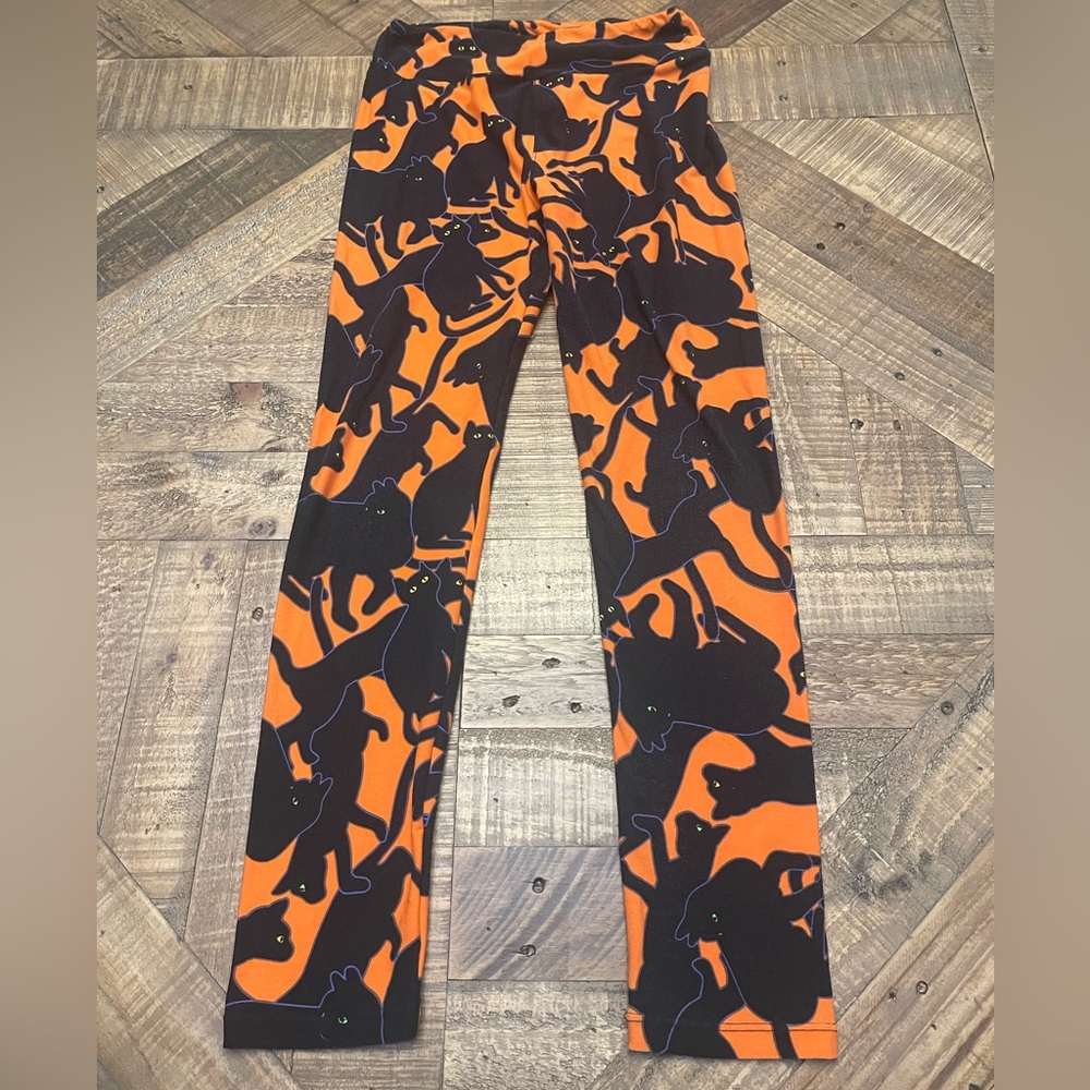 LuLaRoe Kids Leggings - Black Cat on Orange